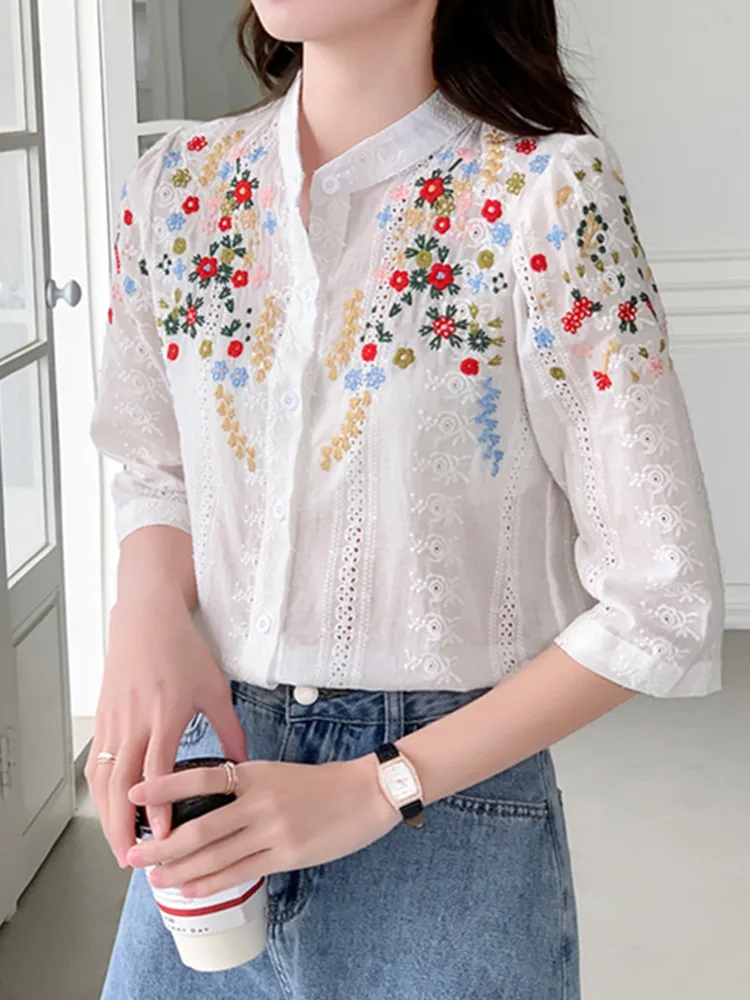 Smthma-女性のための花のジャカードシャツ,新しい,ヴィンテージスタイル,カジュアルでロマンチック,多用途スタンドカラー,夏