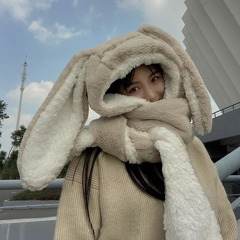 Neue Mode Schal Hut Handschuh 3-teilig Frauen Nette Große Ohr Hase Winter Warme Weiche Verdickung Tasche Hüte Mit Kapuze