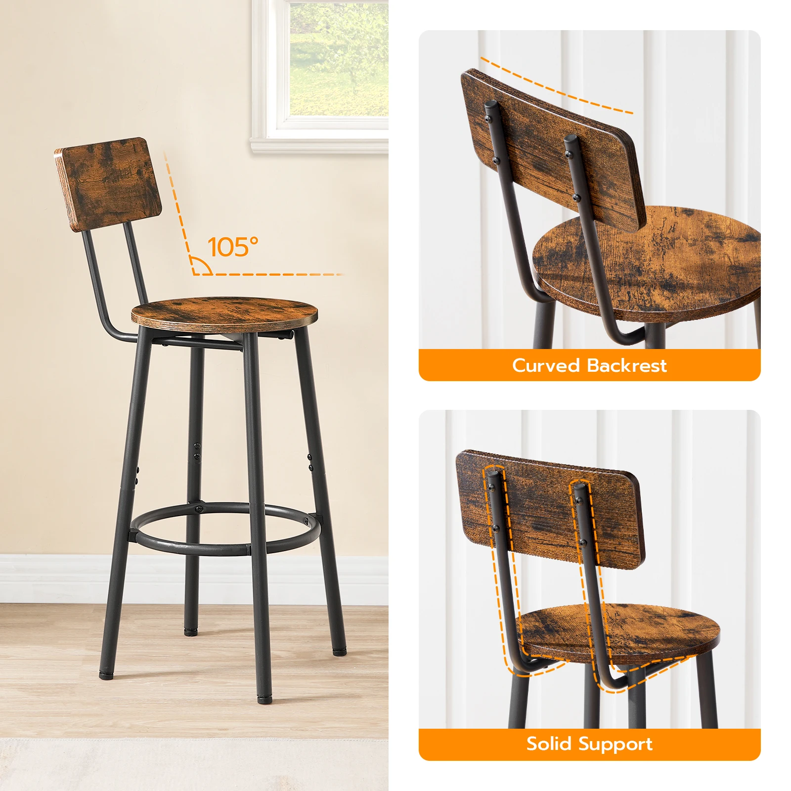 Bar Stools Set of 2 Breakfast Bar Stools Kitchen Stools with Backs and Footrest High Bar Chairs for Dining Room Party