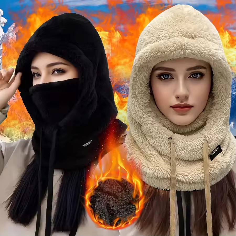 Adjustable Winter Hooded Face Mask for Women Thick Warm Windproof One Piece Soft Neck and Ear Protector Scarf for Outdoor