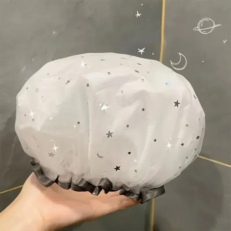Gorro de ducha impermeable de doble capa, diseño de cielo estrellado, gorro de baño reutilizable a la moda, gorro sanitario a prueba de aceite para cocina