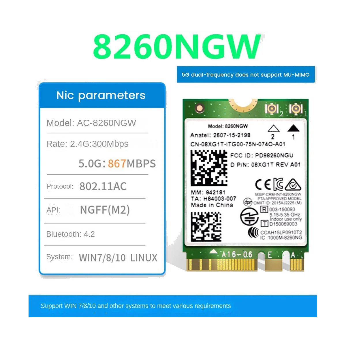 Módulo de cartão WiFi sem fio para AC 8260NGW, 2XAntenna, 2.4G, 5Ghz, 867M, Bluetooth 4.2, NGFF, M.2