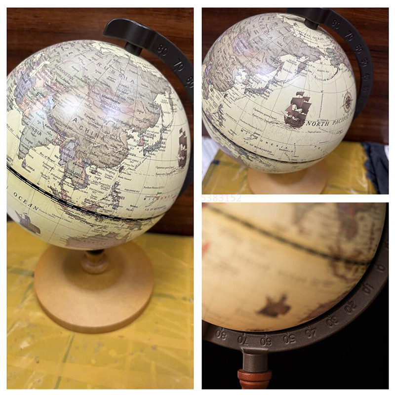 NEW World Globe Earth แผนที่ภาษาอังกฤษ Retro ฐานไม้ Earth Instrument ภูมิศาสตร์การศึกษา Globe ตกแต่งโต๊ะเฟอร์นิเจอร์