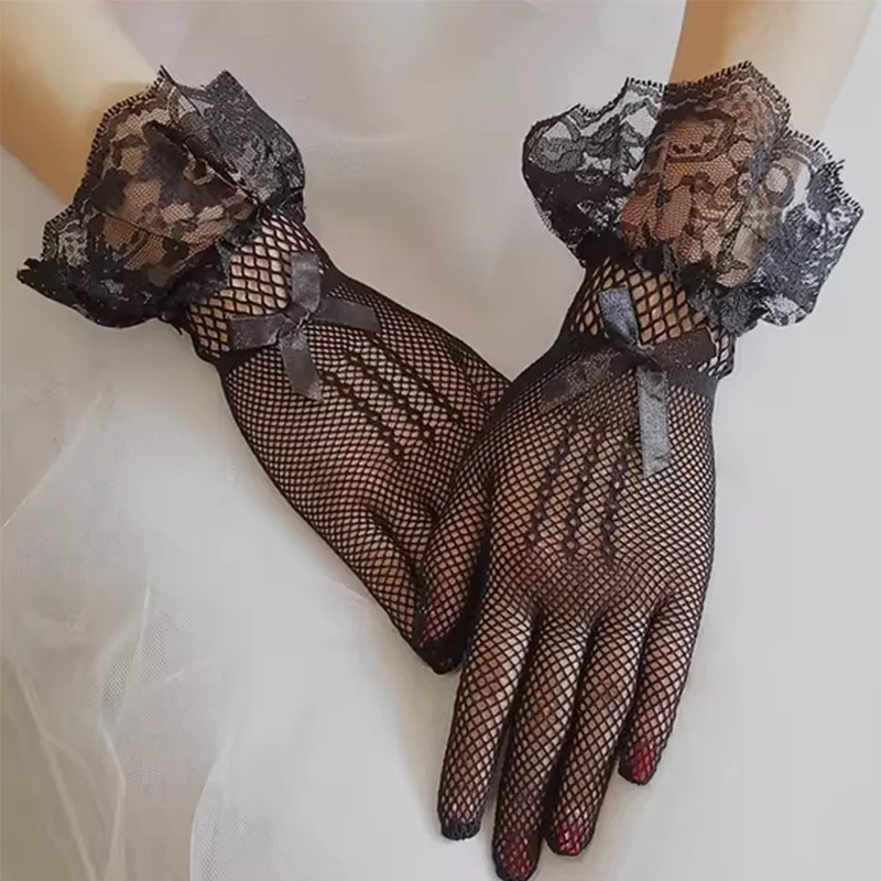 Gants ajourés en dentelle Lolita pour filles, étiquette de cérémonie pour femmes, mitaines fines en maille, gothique Punk, gant Sexy, noir, blanc, élastique doux