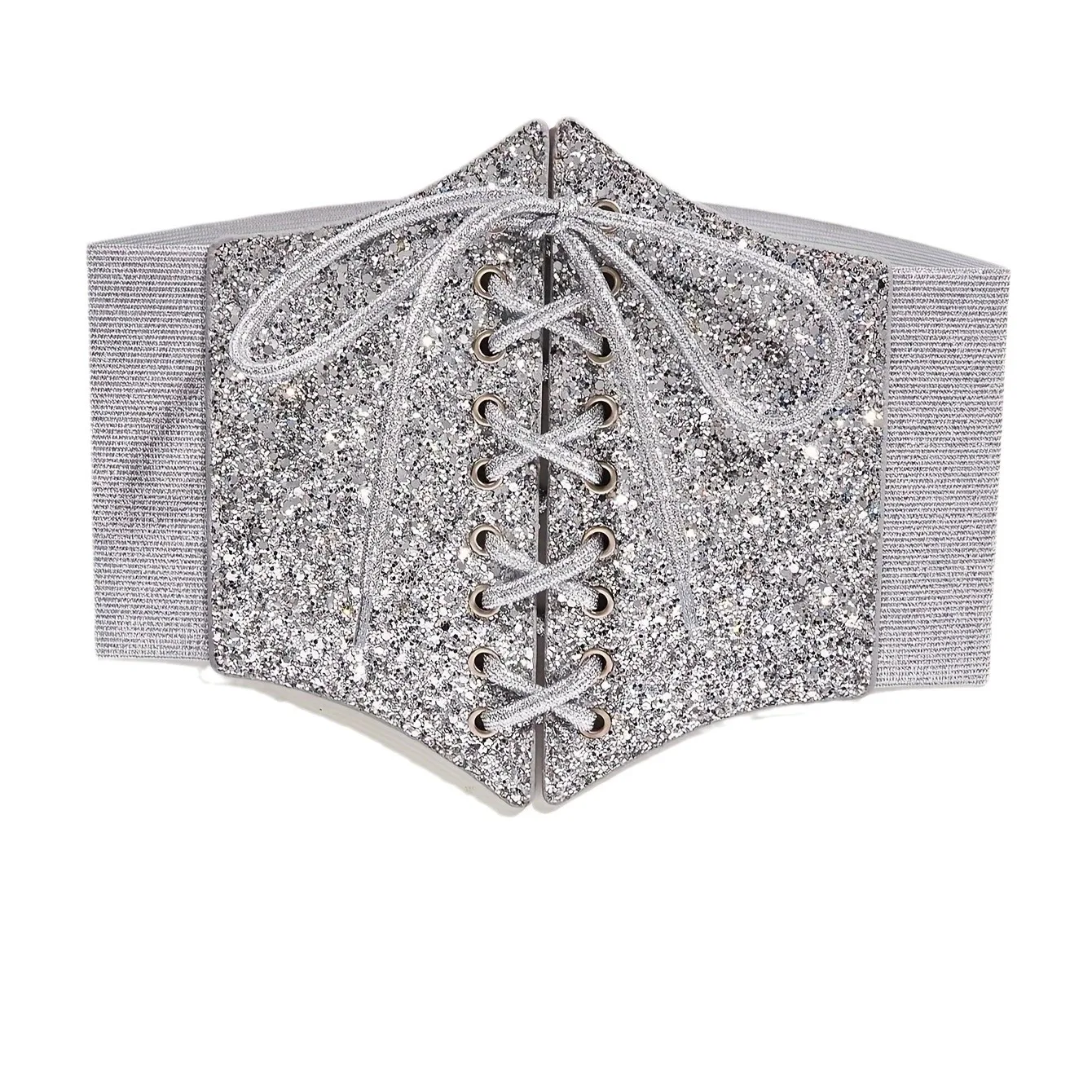 Women Silver Vintage Corset Belt Punk Sequin Wide Waistband Lace-up Cummerbunds Womens Dresses Elastic Girdles Decorative Corset