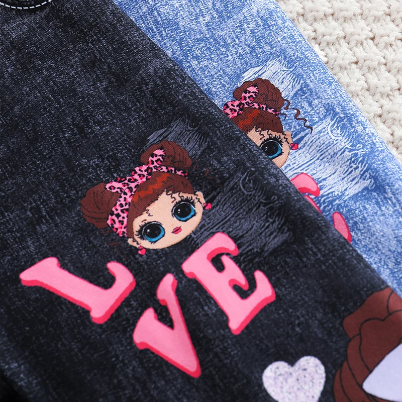 Clearance_Girls' 2pcs Cute Heart & Character Print Soft Knit Leggings - Mock Denim Style - Comfy Summer Outfit_Continuous update