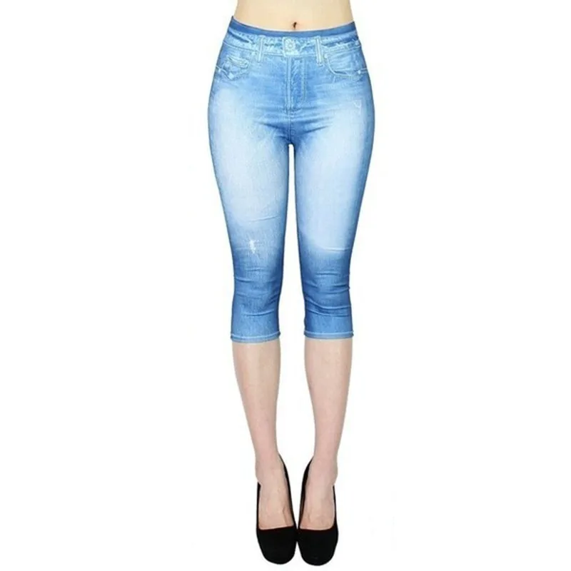 Mallas vaqueras de imitación con estampado para mujer, pantalones cortos elásticos ajustados para correr al aire libre, caminar, mallas de cintura alta a la moda