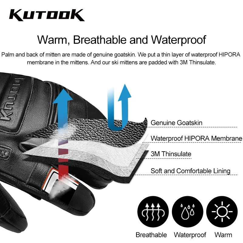 Kutook-男性と女性のための革製屋外スキーグローブ,暖かいサーマルおよび防水ミトン