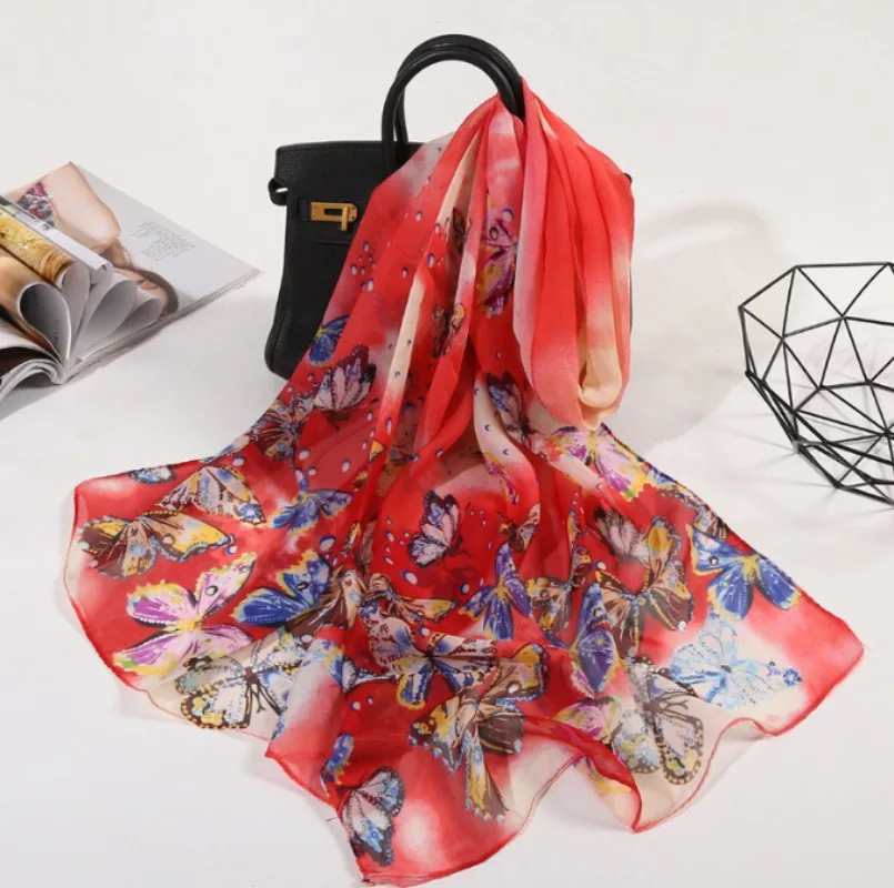 Sciarpa scialle da donna lunga stampata a farfalla con protezione solare in morbida chiffon ultrasottile