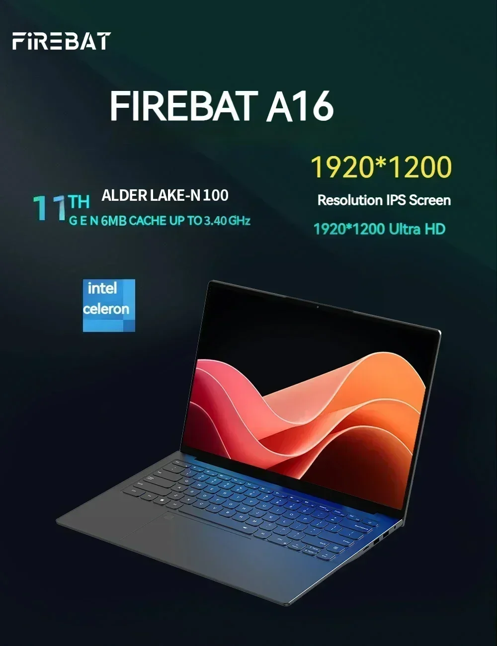 Firebat-ラップトップ,超薄型,100% srgb,ddr4,16 gb ram,1テラバイト,1920x1200,a16,intel n100,n5095