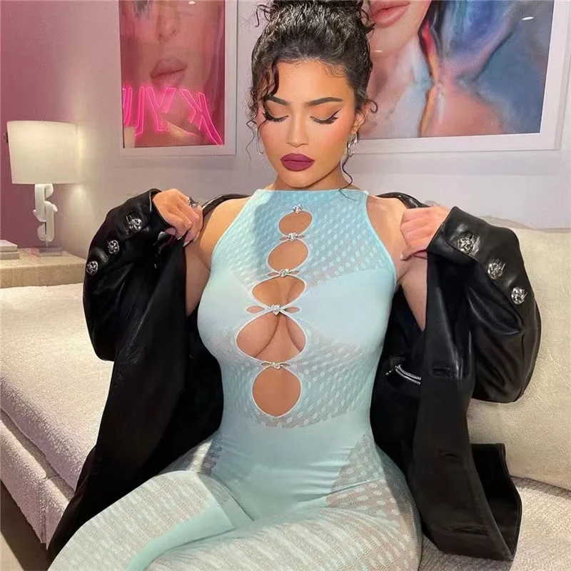 Sexy Mesh perspectiva feminina uniforme apertado, malha de renda oco, cintura alta, europeu e americano, novo