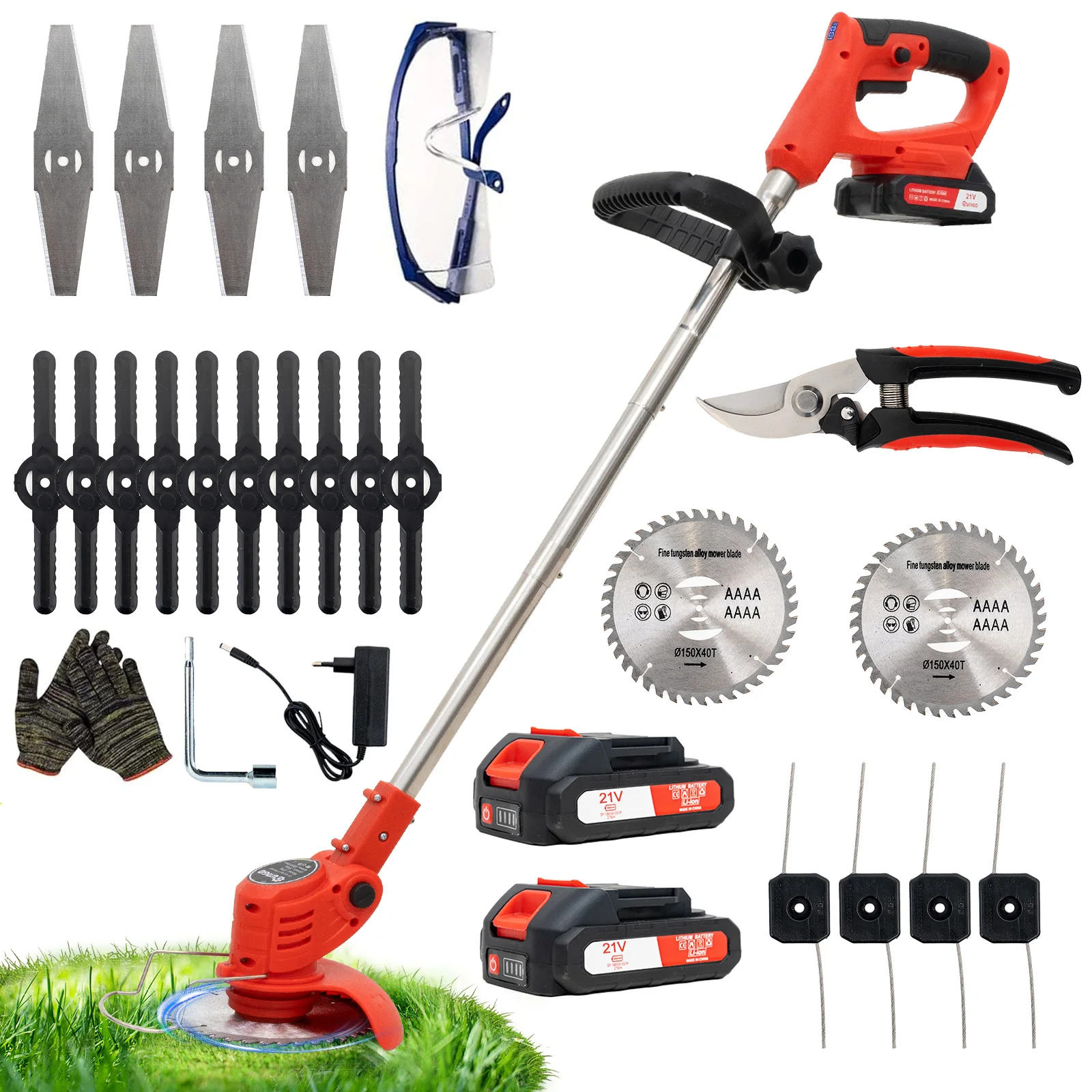 Akku Rasentrimmer mit Akku, Rasenkantenschneider mit 2 Akkus 21V und 4 Messertypen+1 Gartenschere,  124CM Desbrozadoraeléctrico inalámbrico