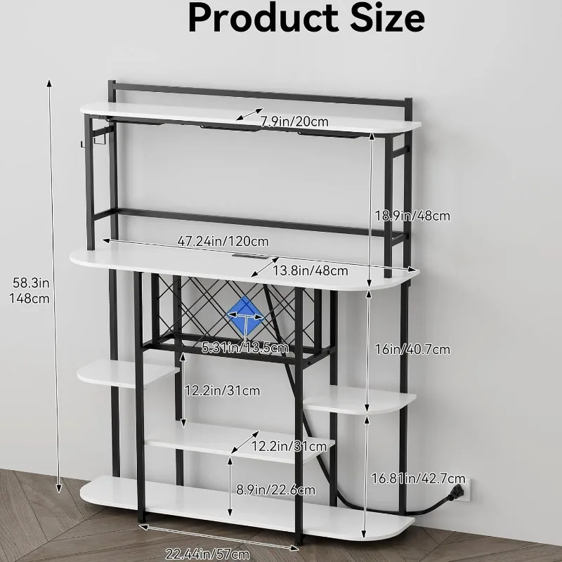 Bar Table Cabinet with Power Outlets, LED Lights, 47in Home Bar Cabinet with Wine Racks, Glass Holder 5-Tier Metal