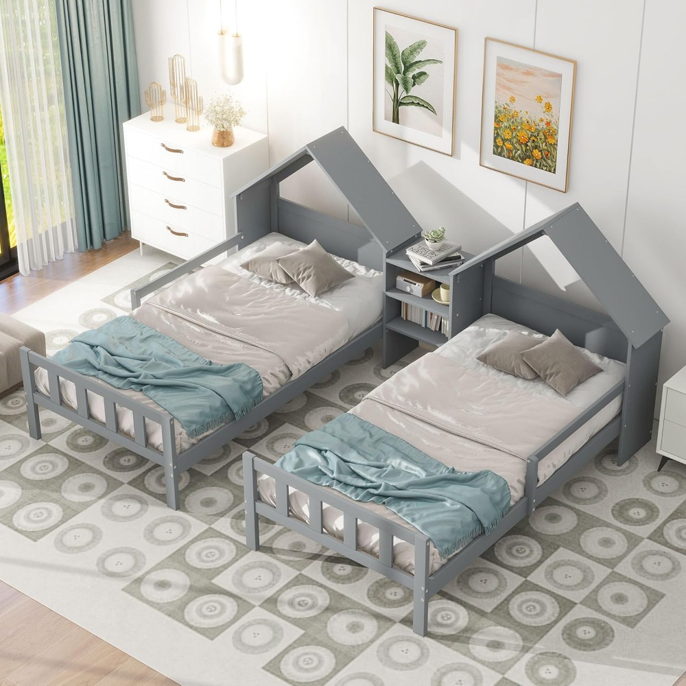 SOFTSEA Double Twin Bed Frame for Kids, Twin House Bed with Nightstand, Double Bed Frame House