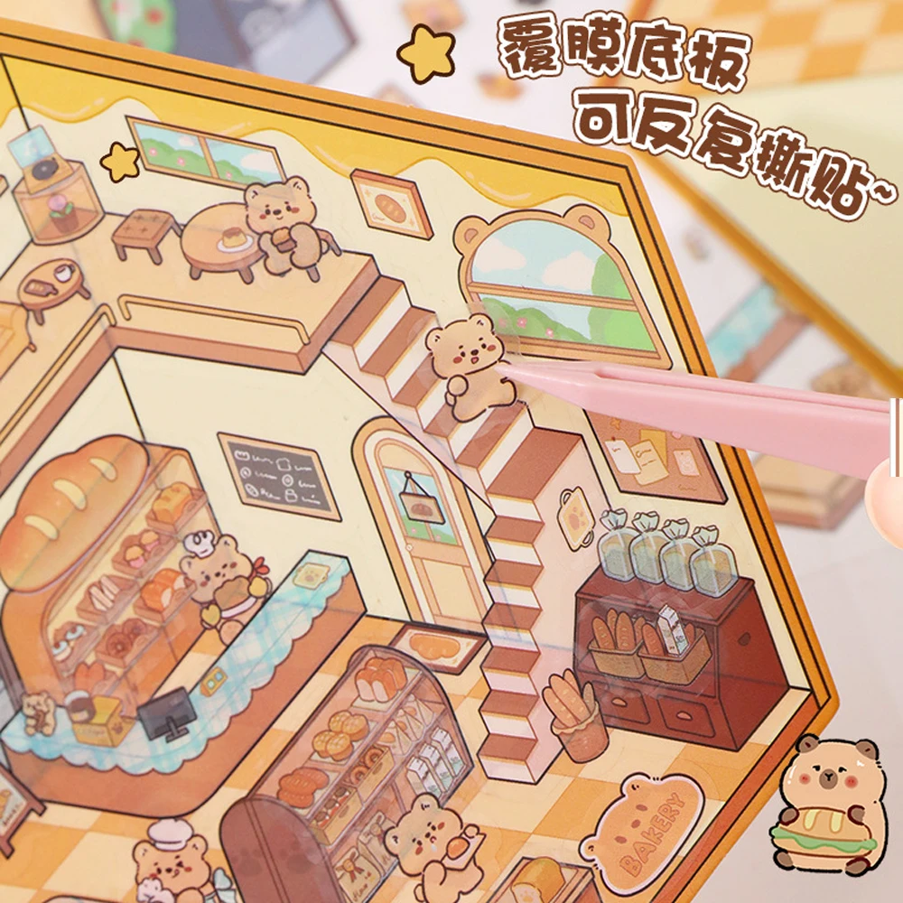 3D DIY Stickers Korean Style Cartoon Landscape Stickers Miniature Cabin Scene Stacking Pasting Hand Account Gift for Kid Child