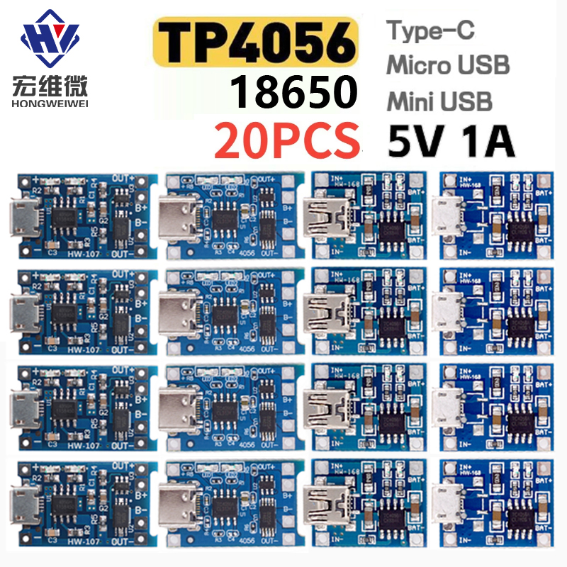 20 piezas TP4056 1A 5V módulo de placa de carga de batería de litio Mini USB Micro USB tipo c interfaz 18650 protección de carga 2 en 1