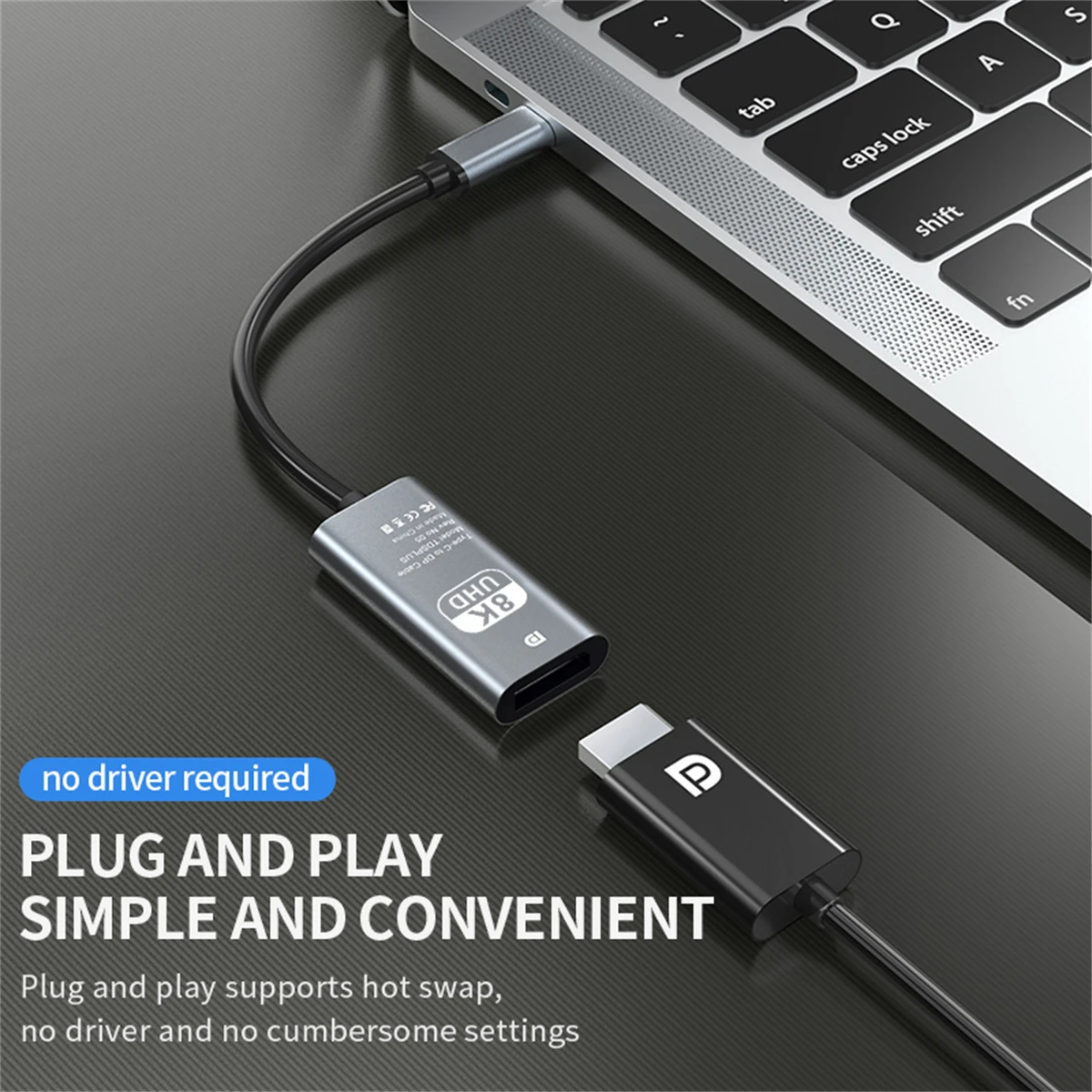 8K60Hz USB-C auf DP-Konverter, Aluminiumgehäuse Typ-C auf DP-Adapter für MacBook, Tablet, Mobiltelefon, Laptop