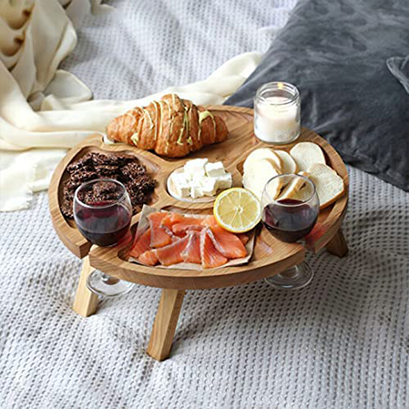 Mesa de Picnic plegable de madera para exteriores con soporte de vidrio, escritorio plegable redondo, estante para copas de vino, mesa plegable para fiesta en el jardín