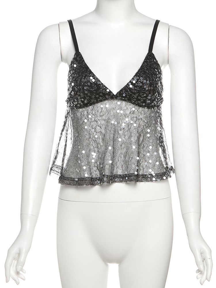 Nibber Pailletten Patchwork Mesh Hemdje Vrouwen v-hals Sexy Backless Zomer Trend Straat Middernacht Veelzijdige Hottie Klassieke Tops