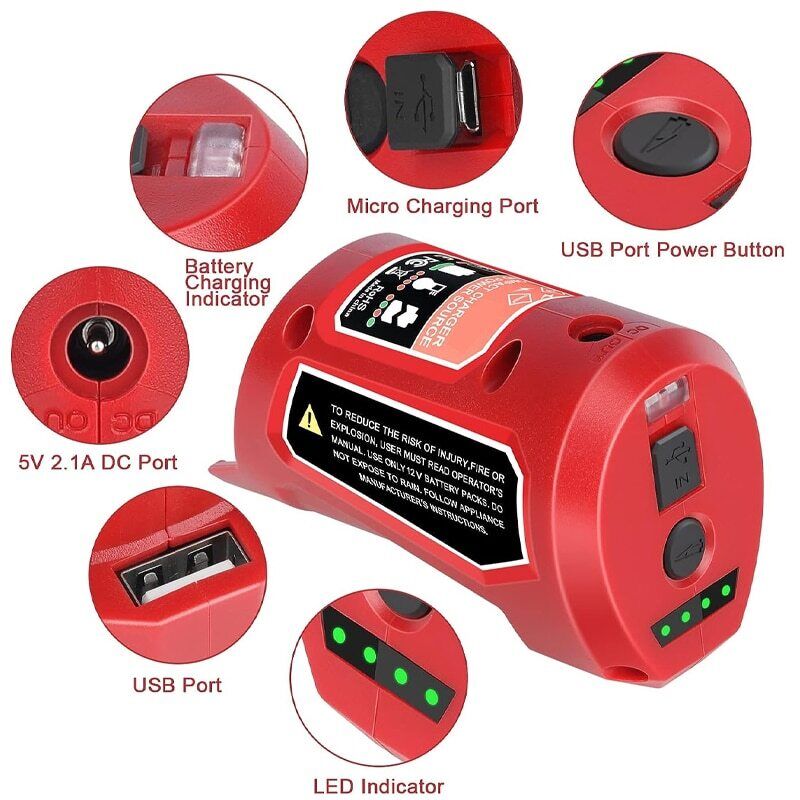 แหล่งจ่ายไฟสําหรับ Milwaukee 12V 48-59-1201 49-24-231 แหล่งจ่ายไฟแบบพกพาอะแดปเตอร์ 2.1A พอร์ต USB
