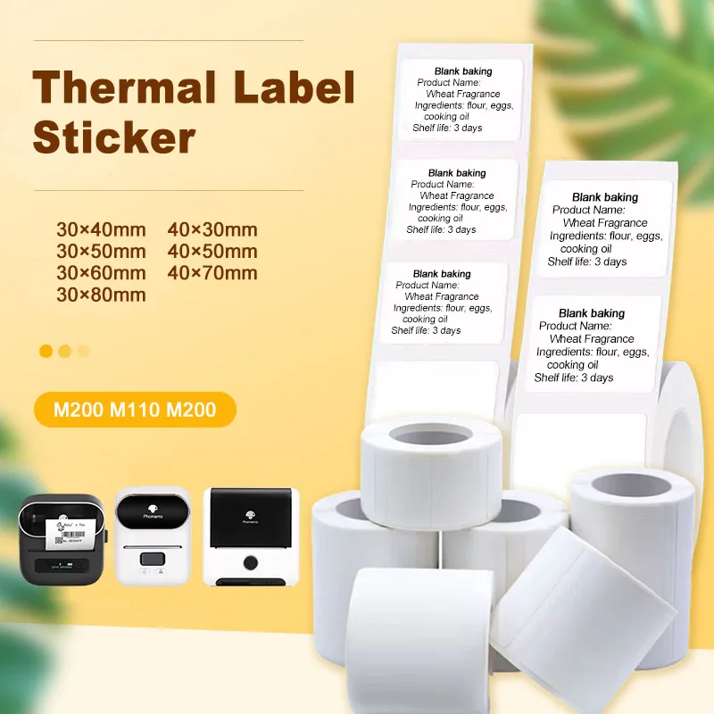 White Thermal Sticker Label 30/40mm Width Self-adhesive Roll Labels Paper Cloth Price Barcode Tag For Phomemo M220 M110 Printer