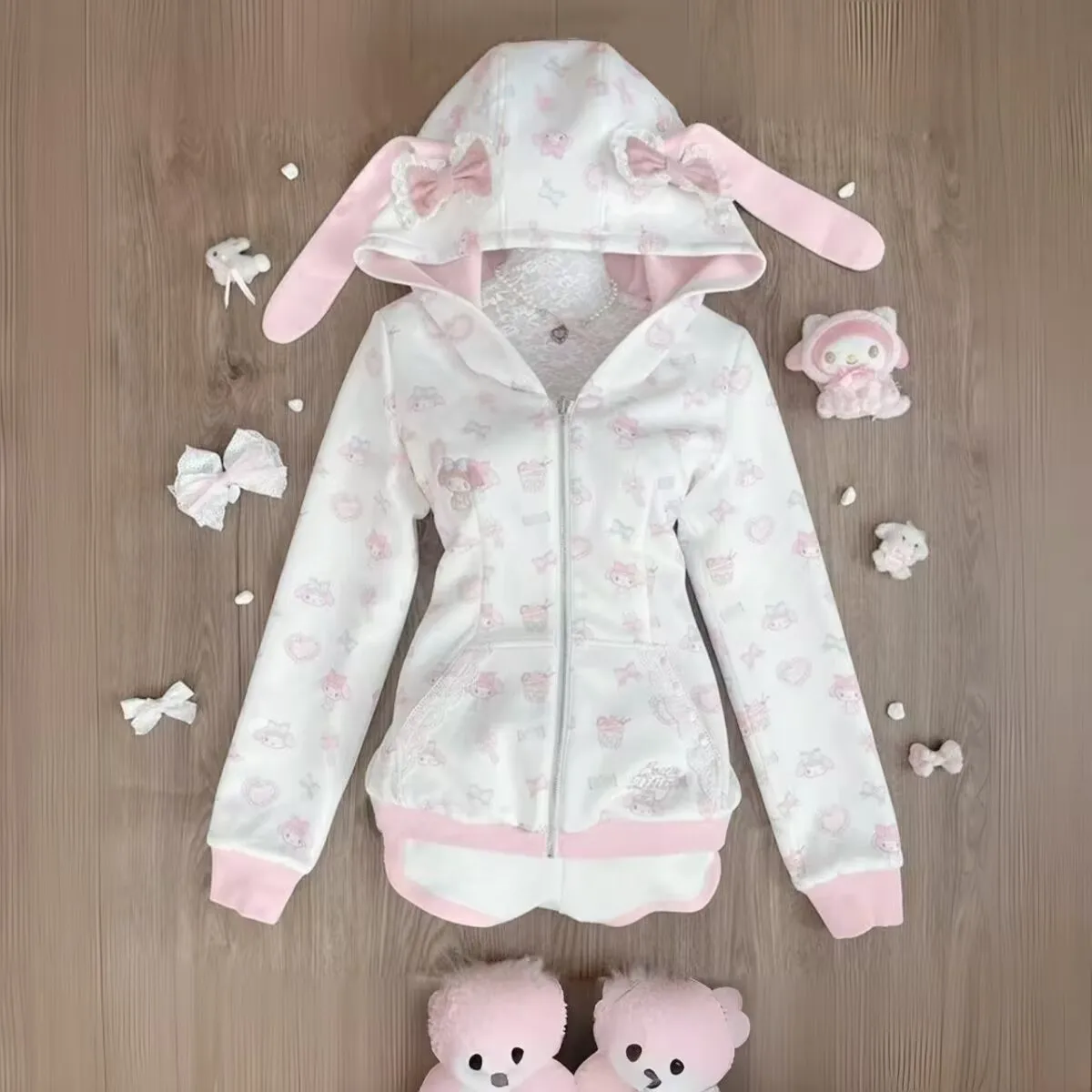 Sudaderas Harajuku japonesas Kawaii con estampado de conejo de dibujos animados, Sudadera con capucha Y2k con lazo rosa para subcultura y cremallera, Sudadera con capucha ajustada de Anime para mujer