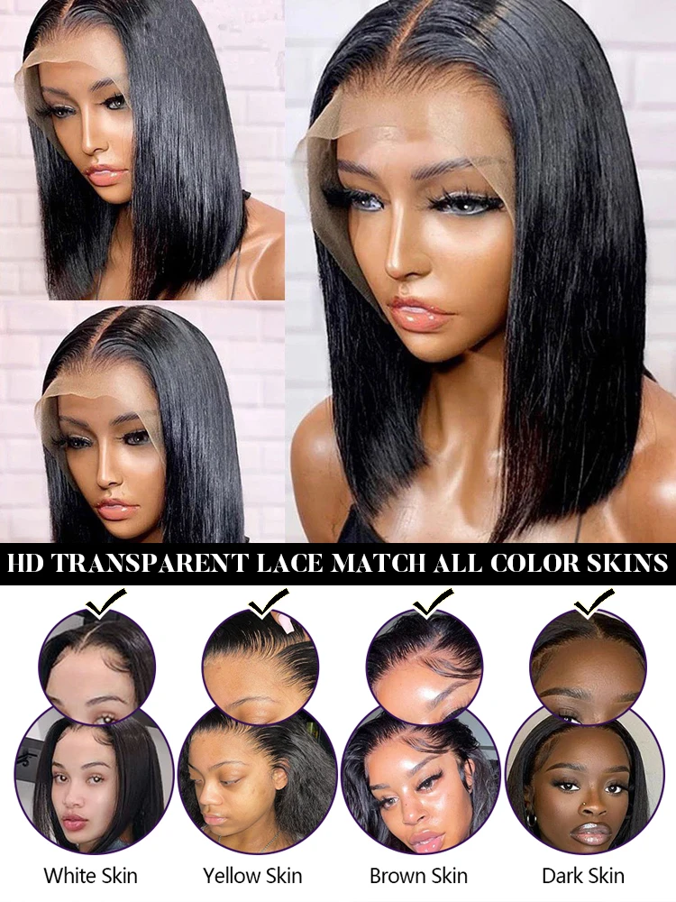 Peluca de cabello humano con encaje Frontal 13x4, pelucas frontales de encaje transparente para mujeres negras, peluca de Bob corto, peluca Natural recta Remy múltiple