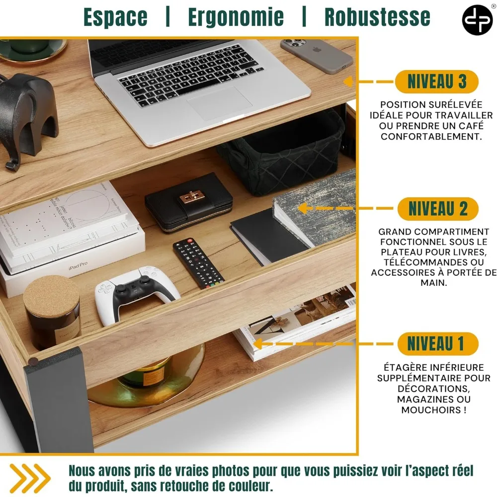 table basse relevable avec rangement - table de salon industrielle moderne - table basse avec étagère et compartiment caché - fabriquée