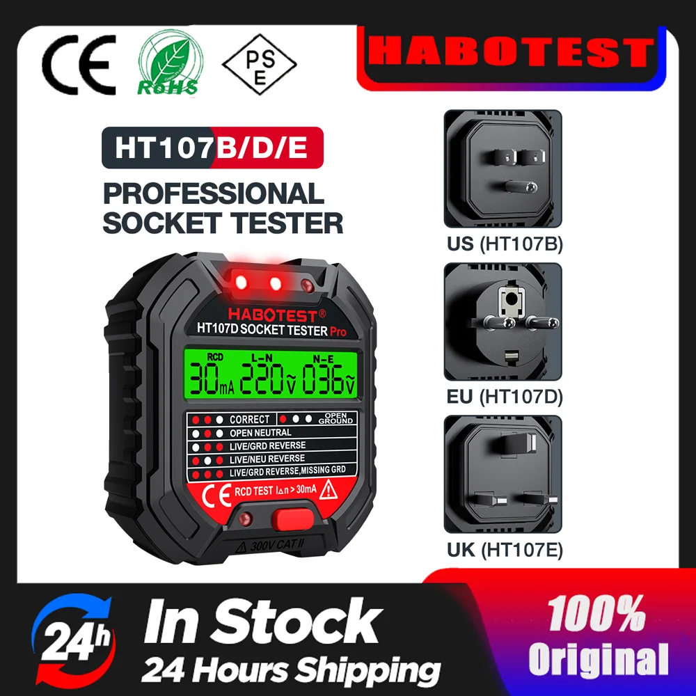 HT107 Ổ Cắm Ổ Cắm Bút Thử Điện Kỹ Thuật Số Cắm Điện Áp AC Phát Hiện 30mA RCD Thử Nghiệm Cực Tính Giai Đoạn Kiểm Tra Mạch Điện Máy Kiểm Tra Bicolor Đèn Nền