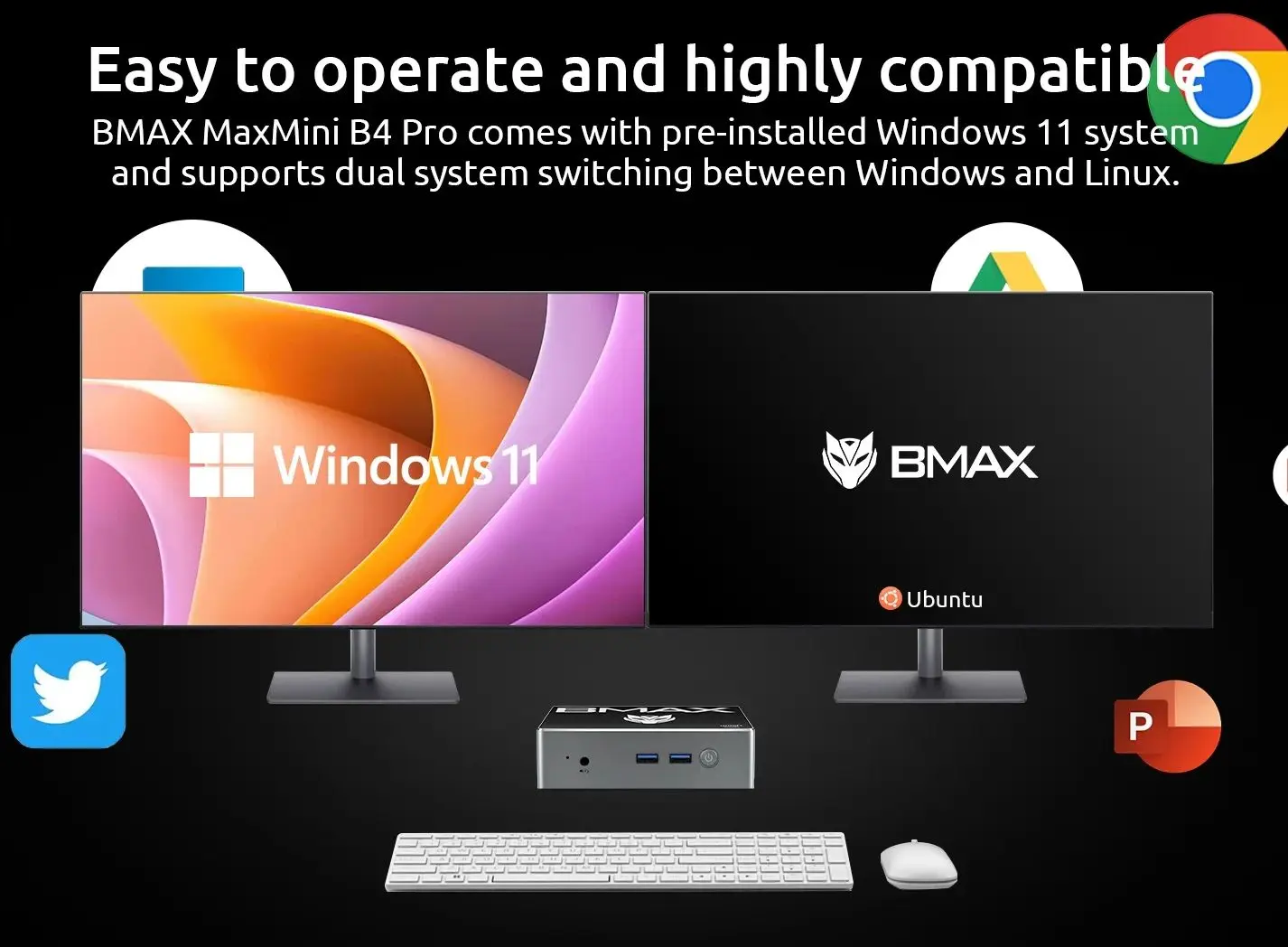 BMAX B4 Pro Mini PC Windows11 PC Intel N97 16 GB DDR4 512 GB SSD 2 * HDMI Supporta grafica Intel UHD 4K a 60 Hz 1,2 GHz