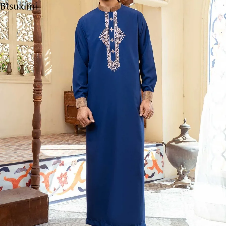 2025, ethnischer Stil, muslimischer Jubba-Thobe für Herren, modisch, Patchwork-Stickerei, Abaya, Herren, Stehkragen, saudi-arabischer Kaftan, Islam, lange Robe