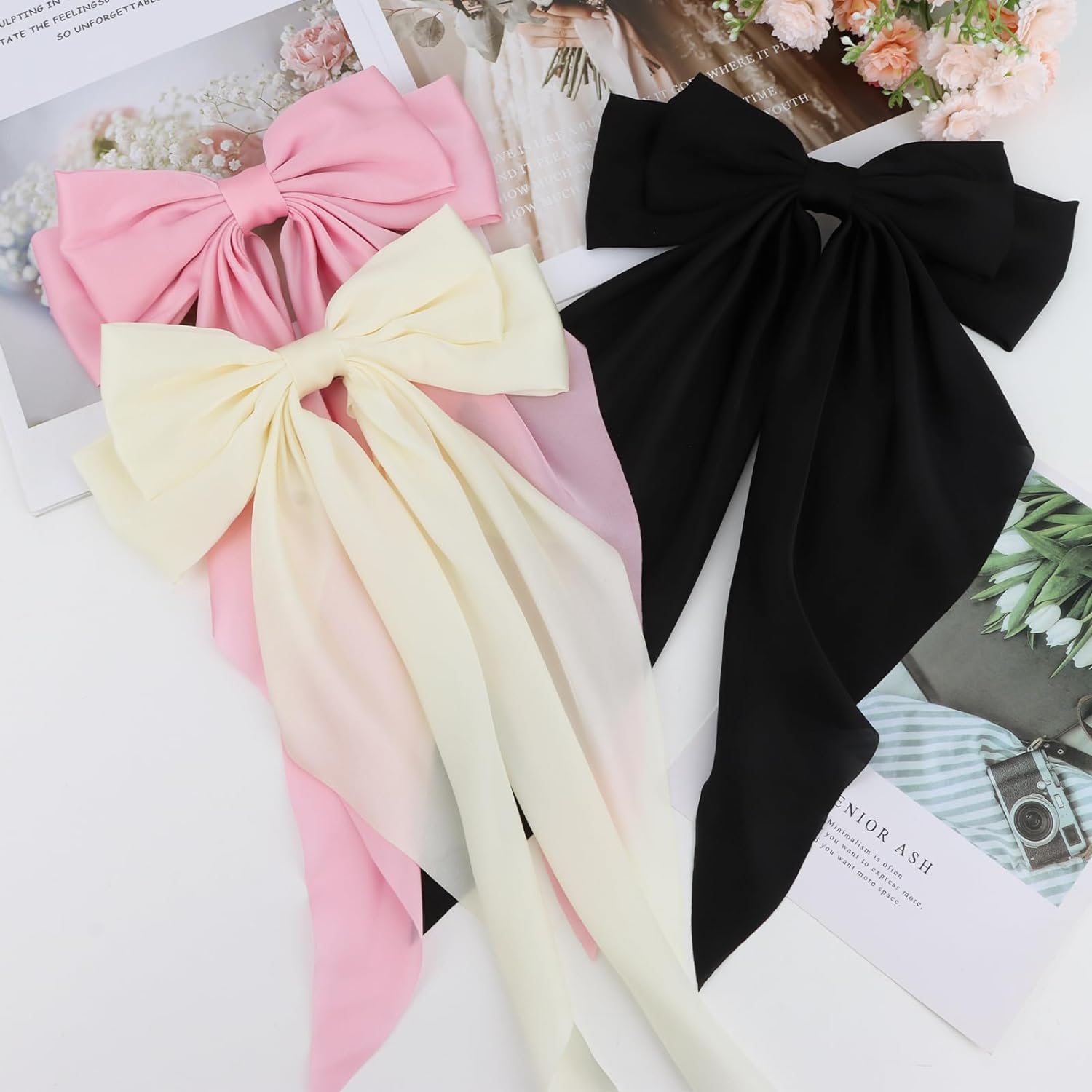 3 ชิ้นขนาดใหญ่ Elegant ริบบิ้นโบว์ผมคลิปสําหรับผู้หญิงสีทึบซาตินหางม้า Bowknot Hairpins Barrettes อุปกรณ์เสริมผม