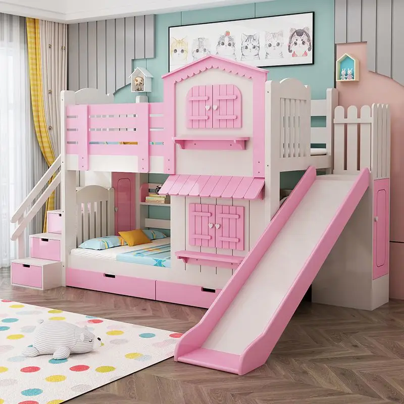 Litera para niños totalmente de madera maciza, cama tobogán multifuncional para castillo para niños