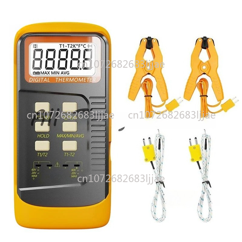 Цифровой термопарный термометр типа K (-50-1300 ° C) Двухканальный, 2 хомута для труб термометра и 2 датчика