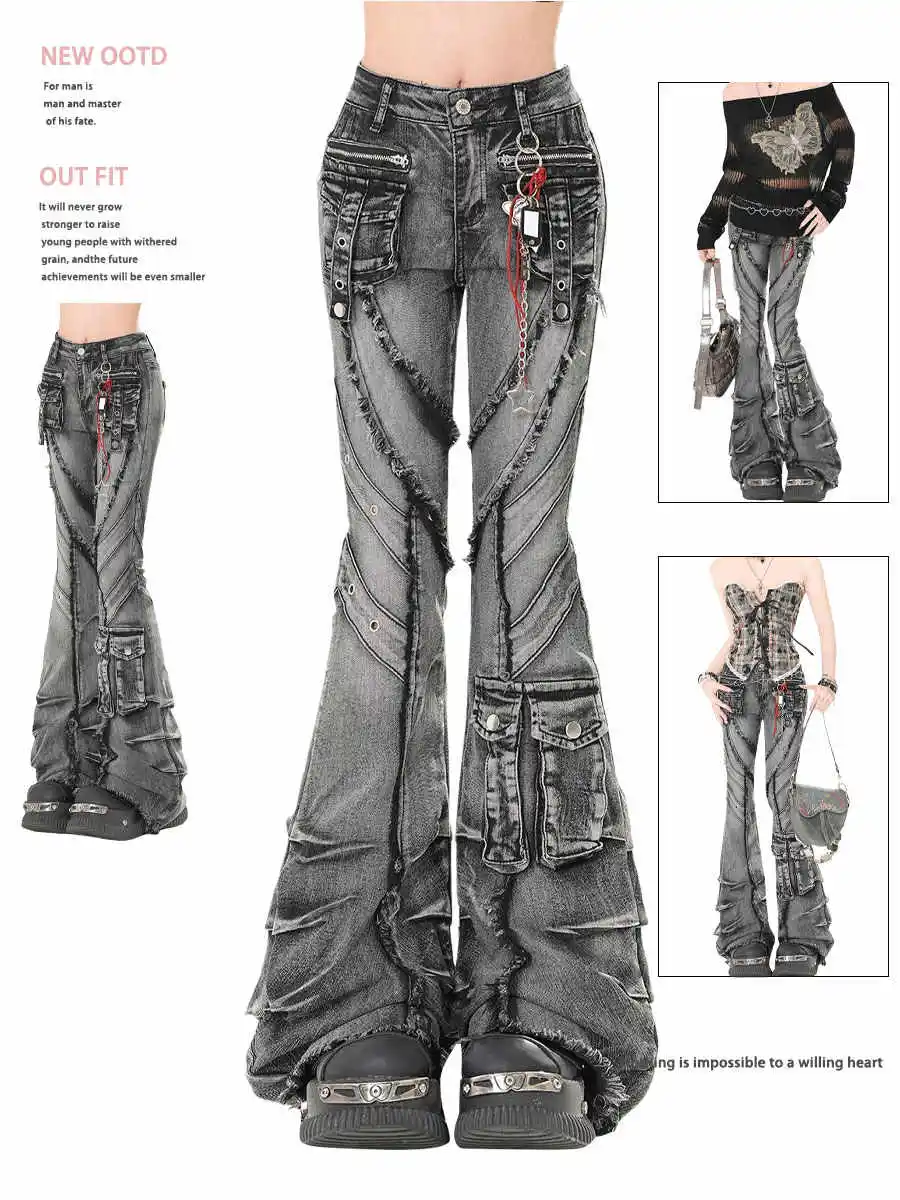 2025 Autumn Winter Women's Denim Pants Dark Academia Cargo Jean Flared Bell Bottom Designer Kpop Japanese Y2k 2000s Goblin Core