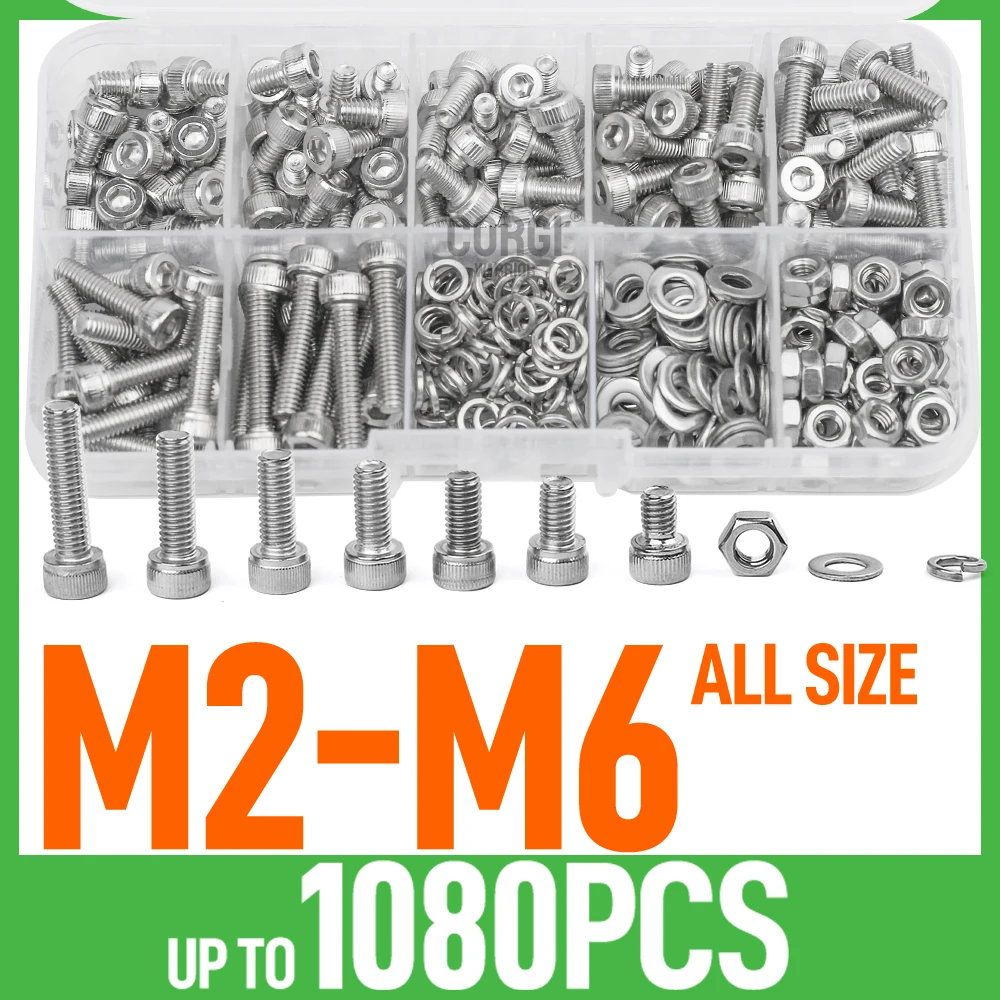 Juego de tapas de cabeza hueca hexagonal M2 M2.5 M3 M4 M5 M6, Kit de tornillos Allen 126-1080P DIN912 304, juego surtido de pernos de tuerca de tornillo de acero inoxidable