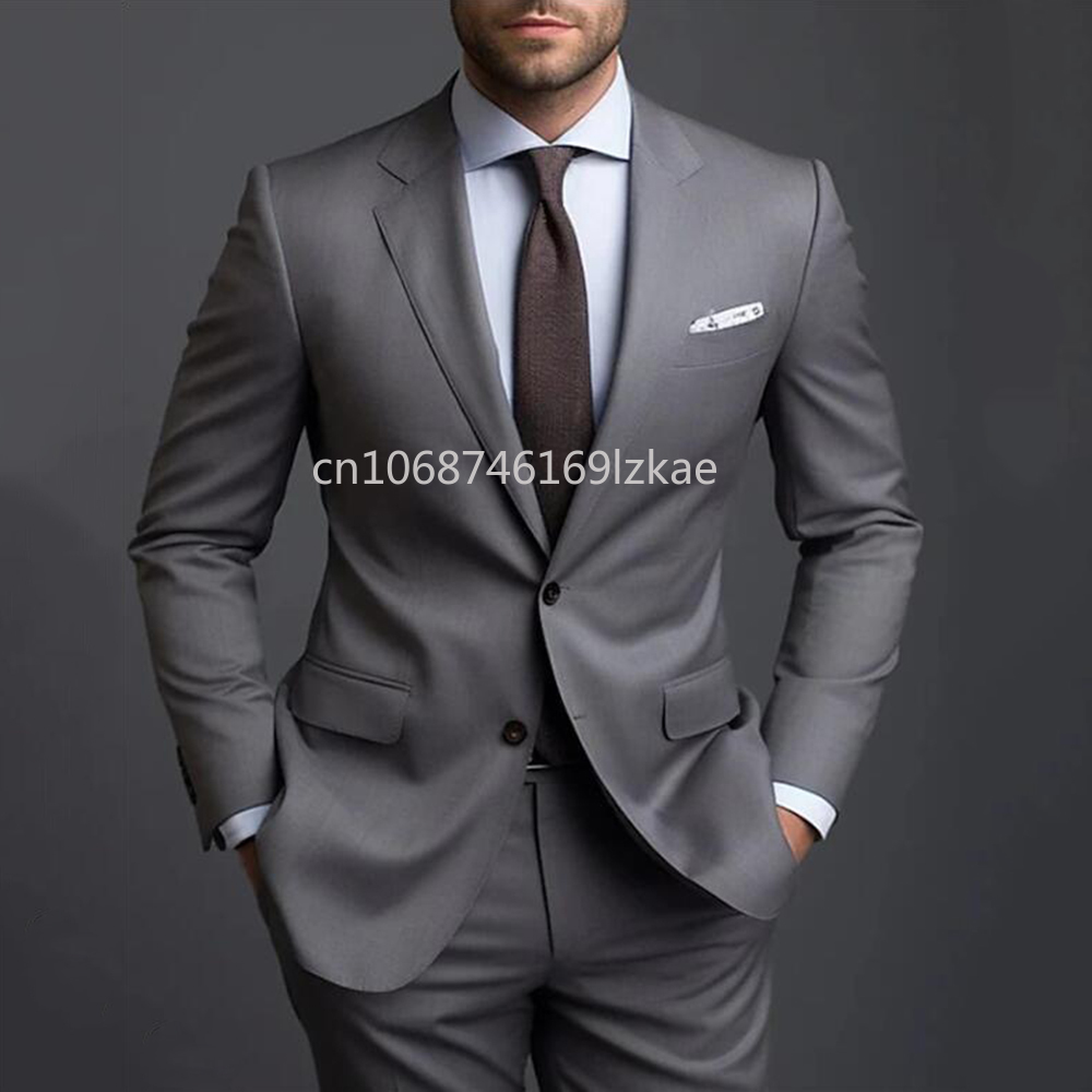 Graue Herrenanzüge, formelle Business-Anzüge mit Reverskragen, Bräutigam-Hochzeitsanzüge für Männer, 2-teilig, Slim-Fit-Smoking, Blazer, Hosen, Trajes De Hombre