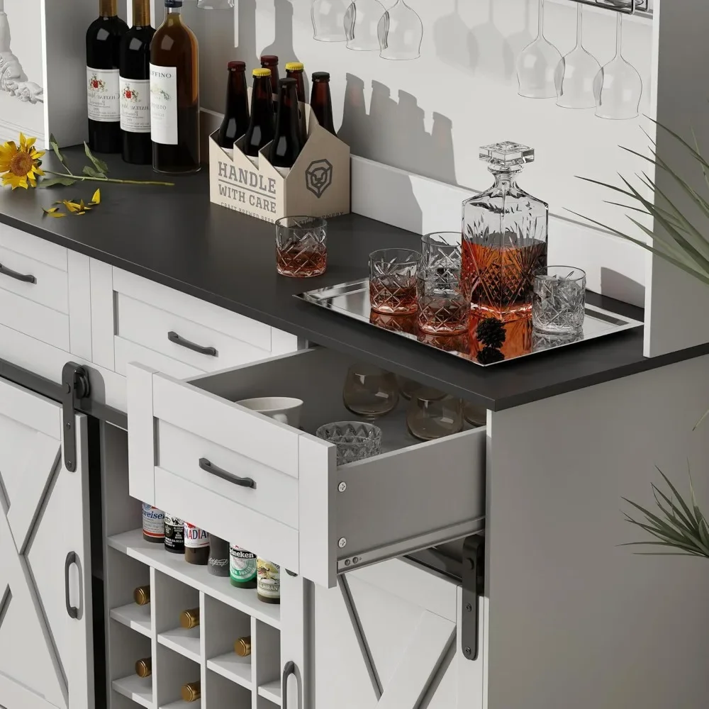 52" Farmhouse Coffee Bar Cabinet with Storage, Wine Bar Cabinet with 9 Glass Holders and 12 Grid Wine Racks, Wood Buffet Cabinet