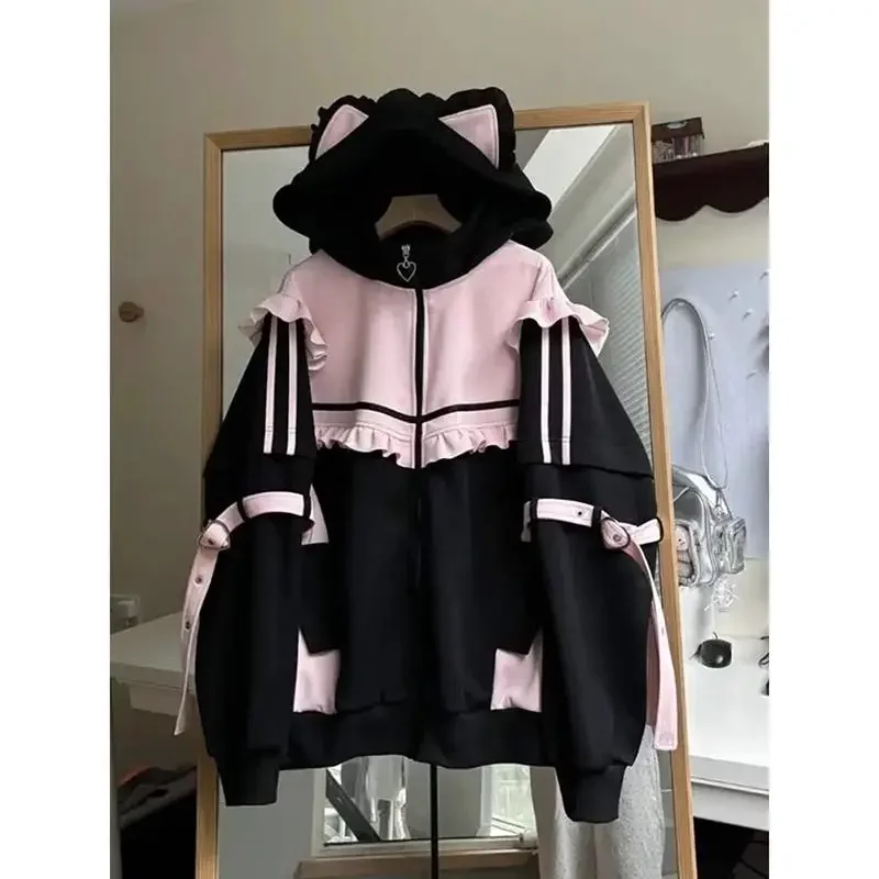 Casacos doces japoneses y2k roupas com capuz feminino topos outono e inverno cor correspondência emenda com grosso veludo cardigan jaquetas