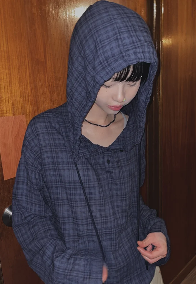 レトロヴィンテージ SEI チェック長袖薄手カジュアルフード付きシャツ韓国スタイル通勤ストライプ柄ストレートカットレディーストップ