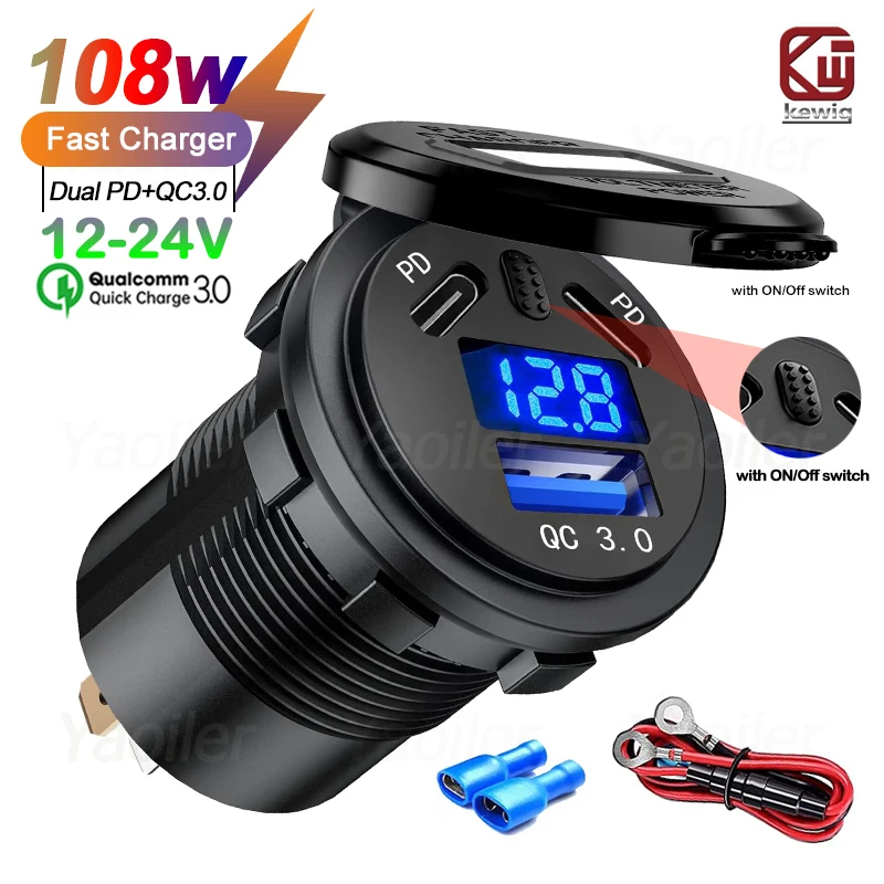 Kewig 12V USB Outlet 108W Dual PD USB-C Port Quick Charge 3.0 Car USB Charger Socket Waterproof Power Outlet w/ Voltmeter Switch