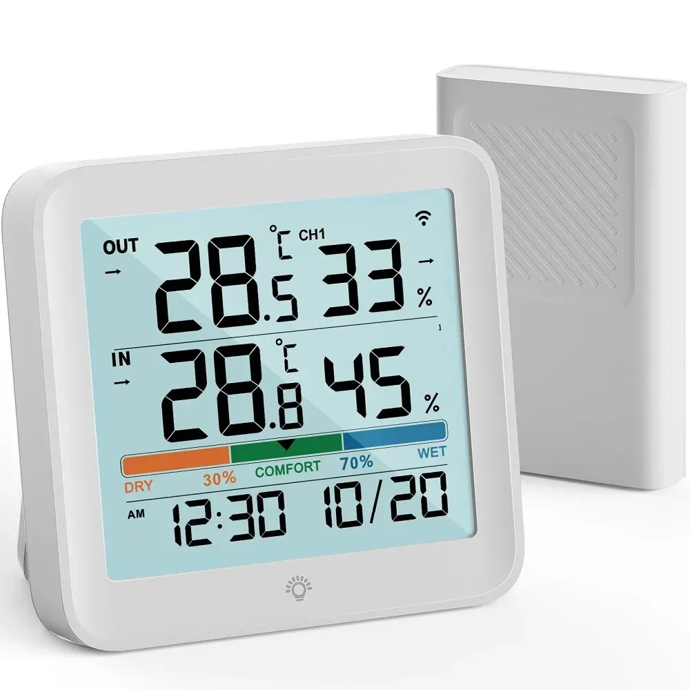 Wetterstation für drinnen und draußen, kabelloses Thermometer und Hygrometer mit 1 Fernsensor, Temperatur- und Luftfeuchtigkeitsmesser, Monitor