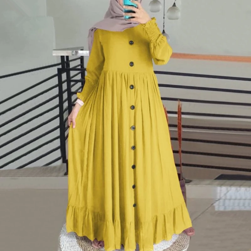 2024 新イスラムアバヤドレス綿と麻アートレトロカジュアルローブファム Muselmane ルーズラウンドネックフリル女性のドレス