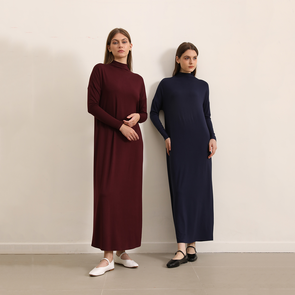 I-2025-Robe maxi en modal à col montant pour femme, vêtements de style adt pour femme, manches chauve-souris, doux et élégant, automne