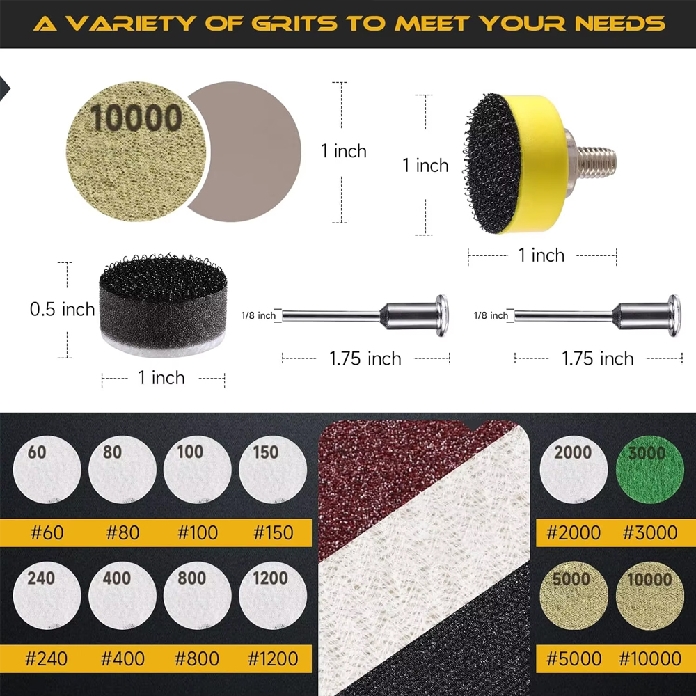 364 PCS 1 Inch Sandpaper Wet Dry Sander Sheets with Backing Pad and Soft Foam Buffering Pad, 60 to 10000 Grits Grinding Abrasive