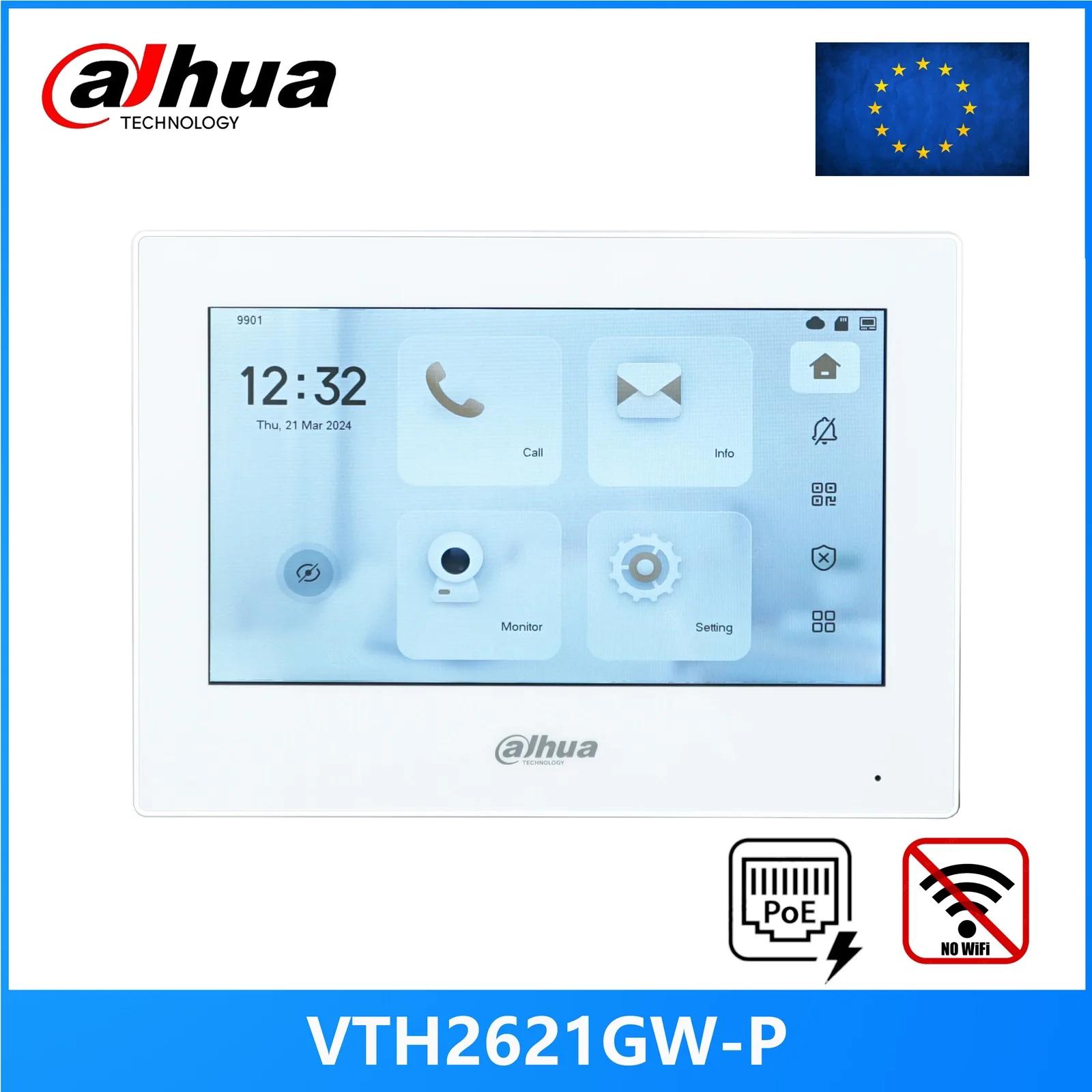 Dahua VTH2621GW-P VTH2621G-P 802.3af PoE 7 Zoll Touch-Innenmonitor, Türklingelmonitor, Video-Gegensprechanlage, integrierte 32 GB SD-Karte