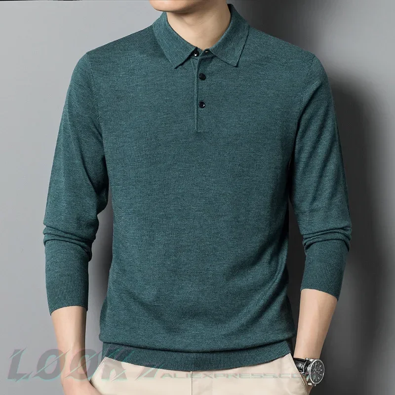 Herren Herbst Langarm Wolle Mischung einfarbig Polo Pullover Pullover mit Revers, lässige Bottom ing Pullover-Größen M-4XL