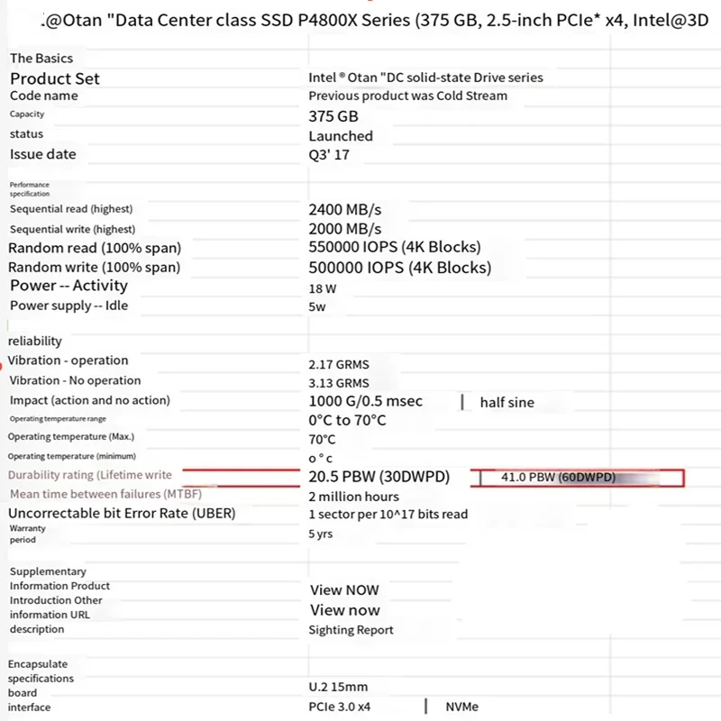 Original SSD For Intel  P4800X 750GB 375GB U.2 Enterprise solid State Drive Service SSD