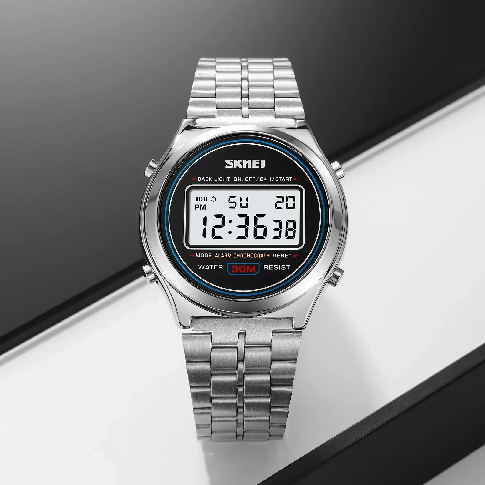Reloj de pulsera SKMEI 2146 de acero inoxidable resistente al agua con alarma y fecha para hombre, cronómetro con pantalla de luz trasera, relojes deportivos digitales