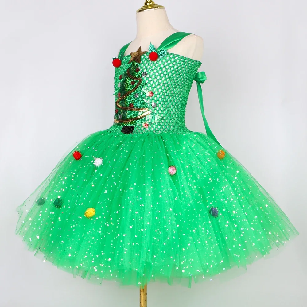 Kostum pohon Natal hijau Glitter, Gaun Tutu pesta Natal mewah anak perempuan, pakaian balita, hadiah pakaian Elf Natal